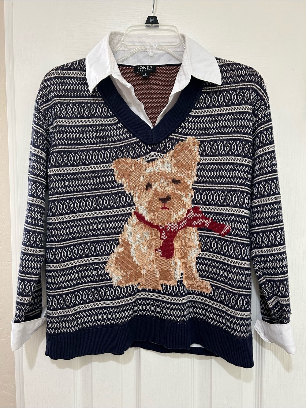 Jones New York Women’s Navy V-Neck Sweater with Dog Intarsia